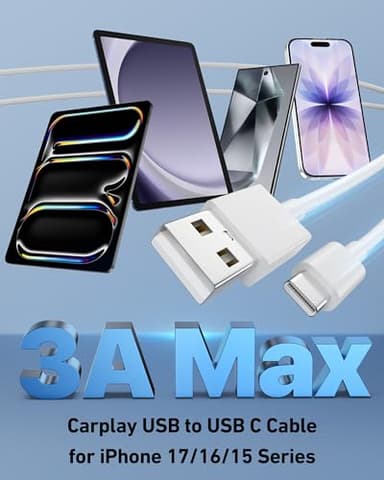 Car Carplay Cable for iPhone 17/17 Pro/Air/16e/16/15 Pro Max/Plus Cable, 2Pack USB A to USB C for CarPlay USBC Cord, iPad, Galaxy, Pixel, Android Accessories Charging Wire Type-C Car Charger Cord 3FT - Image 2