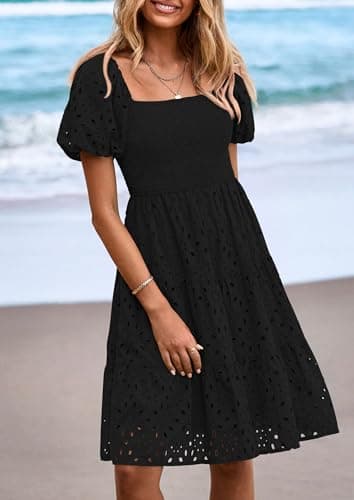 PRETTYGARDEN Womens Summer Puff Sleeve Mini Dress Off Shoulder Eyelet Smocked A Line Casual Babydoll Short Dresses (Black,Medium) - Image 3