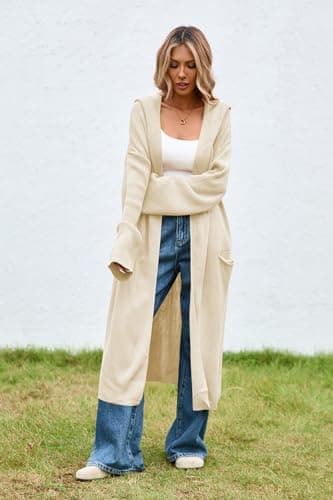 Cakulo Womens Hooded Oversized Long Cardigan Sweaters Fall Duster Cardigans Open Front Coatigan 2025 Apricot XL - Image 5