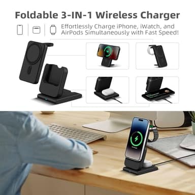 DDUAN Foldable Wireless Charging Station: 3-in-1 Charger Stand with 5000mAh Portable Power Bank for iPhone 16/15/14/13/12 - Removable Battery Pack for Apple Watch (Black) - Image 4
