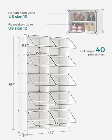 SONGMICS Shoe Rack Organizer, 10-Tier Shoe Storage Cabinet for Closet and Entryway, Holds 40 Pairs of Shoes, Adjustable, Cloud White and Trasparent ULPC035W01 - Image 4