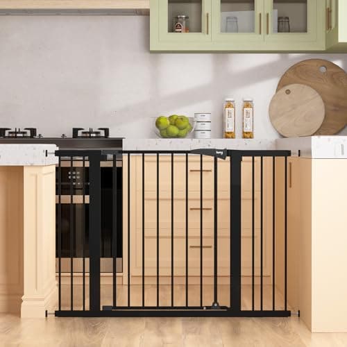 keny 29.7"-46" Baby Gate for Stairs, Auto Close Dog Gates for Doorways, Pressured Mounted No Drilling Pet Gate Extra Wide, One-Hand Opening Dual Lock Stair Gate, Indoor Kids Necessities, Black - Image 1