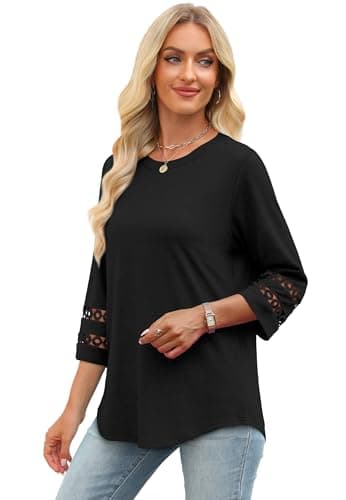 3/4 Length Sleeve Womens Tops Trendy Blouses for Women Dressy Casual Crewneck T Shirts Fall Fashion Clothing Black M - Image 4