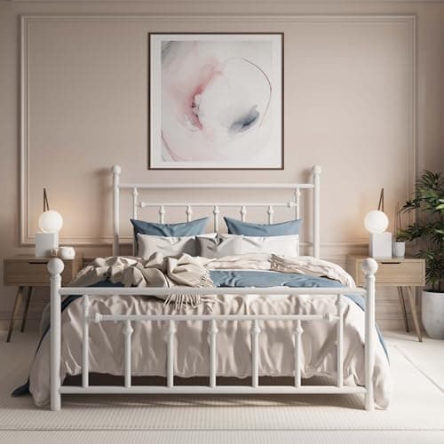 SHA CERLIN 14'' Queen Size Metal Platform Bed Frame/Victorian Headboard and Footboard/Steel Slats Mattress Foundation for Storage/No Box Spring Needed/Noise Free/White - Image 1