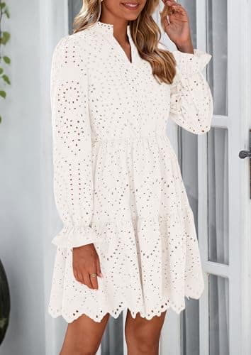 PRETTYGARDEN Women's Spring 2025 Long Puff Sleeve Mini Dress Hollow Out Lace V Neck A Line Ruffle Casual Party Dresses (White,Small) - Image 8