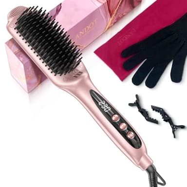 LANDOT Inoic Hair Straightener Brush for Smooth, Frizz-Free Results - Electric Heated Ceramic Straightening Brush Dual Voltage - Fast Heating Adjust Temp 250-450F for All Hair Types - Image 1