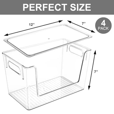 4 Pack Large Stackable Storage Bins, Plastic Container Organizer with Open Front, Pantry Organizers and Storage for Potato, Onion, Fruit and Vegetable, Clear Kitchen Laundry Organizer with Lid - Image 2