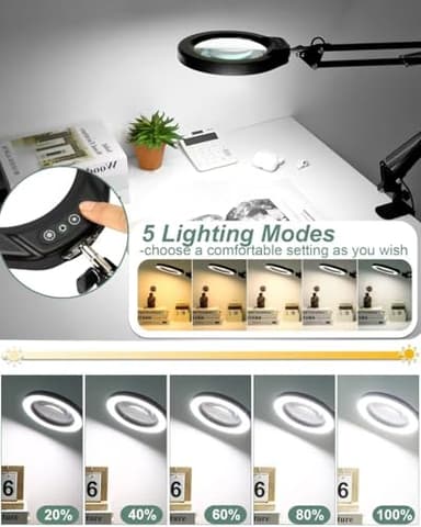 Veemagni 10X Large Magnifying Glass with Light and Clamp, 5 Inch Real Glass Stand Magnifying Desk Lamp, 5 Color Modes Stepless Dimmable, Hands Free LED Lighted Magnifier for Crafts Reading Close Work - Image 3