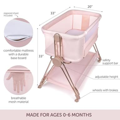 KOOLABABY Baby Bedside Sleeper - Bassinet & Bedside Crib with Height Adjustment & Wheels - Can Be Placed Next to Bed - Attaches to Parents Bed - Easy to Fold & Carry Bassinet for Girls (Pink) - Image 6