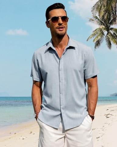 J.VER Men's Linen Shirts Casual Short Sleeve Button Down Shirt for Men Beach Summer Vacation Holiday Tops Light Blue Medium - Image 3