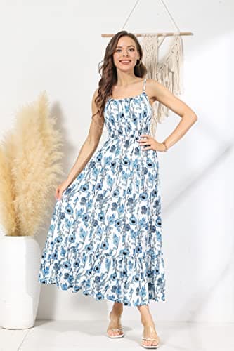 Women Sleeveless Spaghetti Strap Dress Square Neck A-line Ruffle Hem Maxi Dress Floral Sundress Blue Floral S - Image 5
