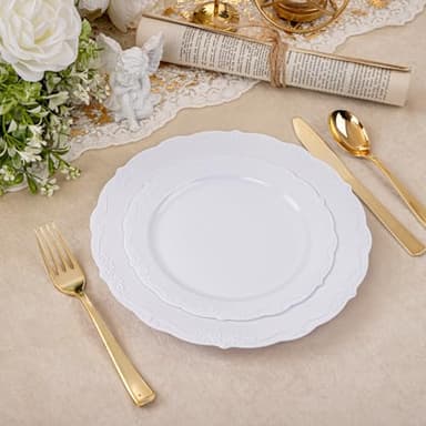 U-QE 100 Pieces White Plastic Plates - White Disposable Plates - Premium Hard Plastic Disposable Plates for Wedding and Party Use Including 50 Dinner Plates 10 '' & 50 Dessert Plates 7.5 '' - Image 9