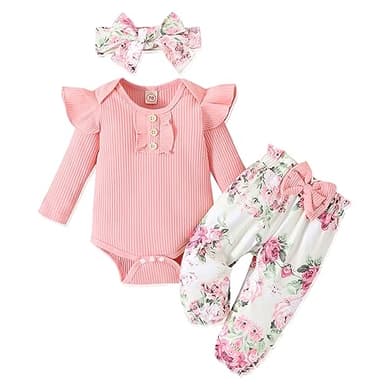 GDTOGRT Baby Girl Clothes Newborn Outfit Infant Ruffle Sleeve Romper and Floral Pants with Cute Headband Sets Baby Clothes for Girls 0-3 Months - Pink - Image 1