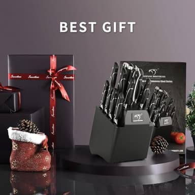 18 Pieces Damascus Kitchen Knife Set, 8 Piece Steak Knives, Non-slip ABS Ergonomic Triple Rivet Handle for Meat Fork, Knife Sharpener and Shears, 17 Slots Wooden Knife Block - Image 6