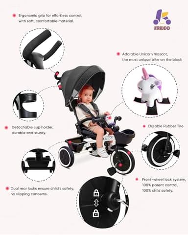KRIDDO 7-in-1 Tricycle Stroller for Toddlers 18 Months to 5 Years, Adjustable Push Handle, Rotatable Seat, Cup Holder and Retractable Canopy, Folding Baby Trike w/Detachable Guardrail, Footrest, WH - Image 5
