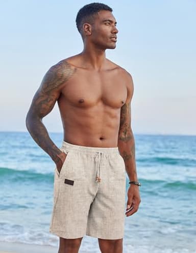 COOFANDY Mens Casual Elastic Waist Shorts Linen Summer Beach 9 Inch Inseam Stretch Waistband Shorts, Khaki, X-Large - Image 2