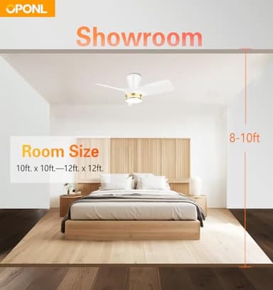 OPONL 30" White low profile Ceiling Fan with Light, with Gold Trim Ring, Large Air Volume, flush mount ceiling fan for Bedroom Kitchen Dining room Patio - Image 6
