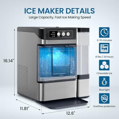 Chewable Crunchable Countertop Nugget Ice Maker，with Side Water Tank,41 Lbs in 24 Hours， Self-Cleaning, One-Click Operation, Stainless Steel,Ideal for Parties, Kitchens, Bars, Offices - Image 6