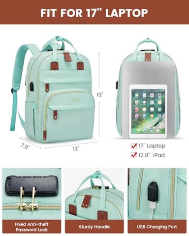 LOVEVOOK Laptop Backpack Purse for Women, Unisex Large Capacity 17 Inch Travel Anti-theft Bag, Work Business Computer Bags Backpack for Men, Casual Hiking Daypack with Lock, Mint Green - Image 5