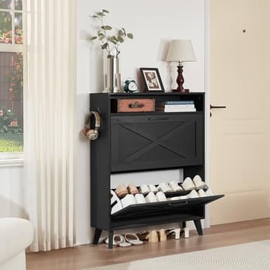 Joaxswe Shoe Storage Cabinet With 2 Flip Drawers, Farmhouse Organizer for Entryway, Narrow Hidden Rack With Wooden Legs & Open Storage, Free Standing Closet for Foyer, Hallway, Black - Image 3