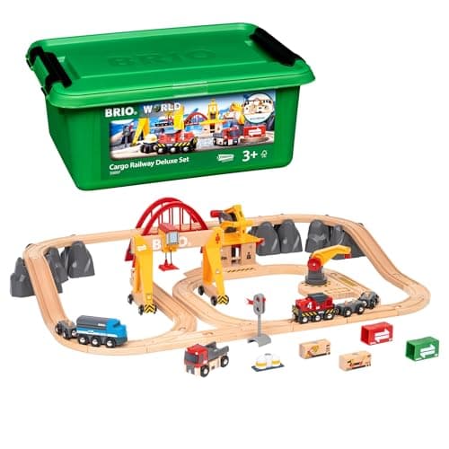BRIO World Cargo Railway Deluxe - Wooden Track Train Set - Battery-Powered Engine, 3 Cranes, Bridge, Truck - Kids Ages 3+ - Compatible with All BRIO Sets - FSC Certified Wood - 54-Pieces - Image 1