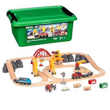 BRIO World Cargo Railway Deluxe - Wooden Track Train Set - Battery-Powered Engine, 3 Cranes, Bridge, Truck - Kids Ages 3+ - Compatible with All BRIO Sets - FSC Certified Wood - 54-Pieces - Image 1