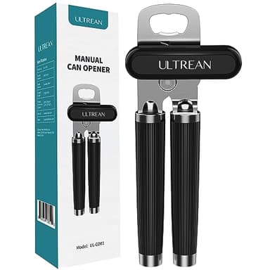 Ultrean Manual Can Opener Bottle Opener, Heavy Duty Stainless Steel Smooth Edge Manual Hand Held Can Opener With Soft Touch Handle, Rust Proof Oversized Handheld Easy Turn Knob (Black) - Image 1
