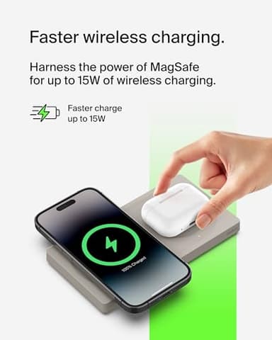 Belkin MagSafe-Compatible 2-in-1 Wireless Charger 15W, Fast Charging Station for iPhone 16, 15, 14, 13 Series, AirPods, and More - Dual Device Charging Pad - Sand - Image 2
