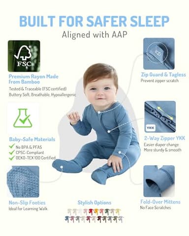 HAPIU Rayon from Bamboo Baby Footed Pajamas, 2 Way Zipper YKK, Footie for Baby Boy Girls, Newborn-24 Months, 2-Pack, Moonlight Blue&Dark Forest Green, 0-3 Months - Image 2