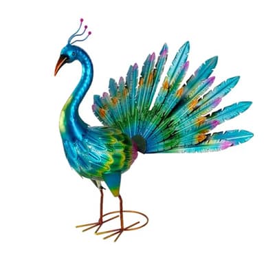 VEWOGARDEN Peacock Outdoor Statues Metal Peacock Tail Spread Garden Sculptures & Statues for Yard Lawn Patio Pool Outside Decorations, Light Blue - Image 1