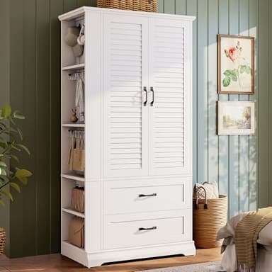 IRONCK Armoire Wardrobe Closet, 70.87" H Wooden Bedroom Armoire with 2 Louvered Doors, 2 Drawers and Shelves, Large Freestanding Clothing Storage Cabinet, White - Image 1