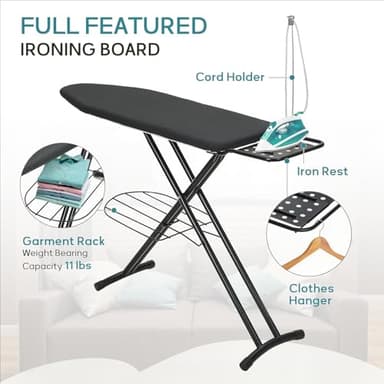 Ironing Board Full Size, RAINHOL 43"x13" Sturdy Iron Board with Iron Rest and Garment Rack, Height Adjustable Metal Construction with Ultra Thick Cover and Padding, Foldable and Heavy Duty - Image 2