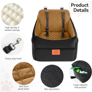 GL GLENSLAVE Dog Car Seat for Small/Medium Dogs, Dog Booster Car Seats with Thick Cushion for Dogs Under 35lbs, Detachable Washable Pet Car Seat with Storage Pockets, 2 Safety Belts(Black/Coffee) - Image 4
