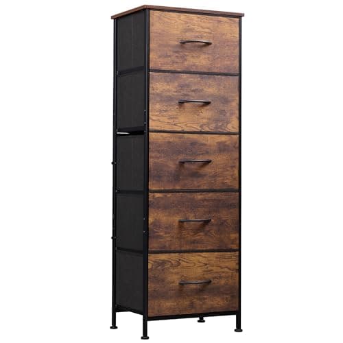 WLIVE Fabric Dresser, 5-Drawer Tall Dresser for Bedroom, Storage Organizer with Fabric Bins, Wood Top, Sturdy Steel Frame, Chest of Drawers for Closet, Hallway, Rustic Brown Wood Grain Print - Image 1