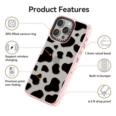 Rosarnnah Compatible for iPhone 15 Pro Max Case Cute - Durable Shockproof 6.6 ft Drop Impact Phone Case - Funny Milk Cow Print Design for iPhone 15 Pro Max 6.7" Glitter Pink - Image 4