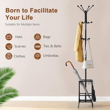Hoctieon Coat Rack Freestanding, Coat Tree with Umbrella Holder, Metal Coat Rack Stand with 12 Hooks, Standing Coat Hanger Stand, Umbrella Stand for Entryway, Hat Rack Stand for Home Office, Black - Image 9