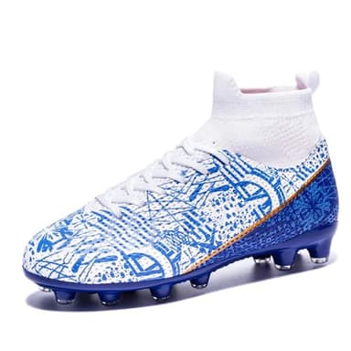 curunect Boys Girls Soccer Cleats Lightweight High-top Training Football Shoes for Youth Non-Slip Kids Soccer Futsal Shoes, Tacos de Futbol para niños, Blue/White/Gold, Little Kid 13 - Image 1