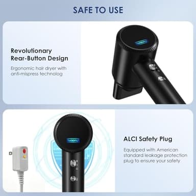 Hair Dryer - 150000 RPM High-Speed Blow Dryer with Negative Ionic Care for Fast Drying. Lightweight, Low Noise Design with 4 Temps/2 Speeds and Magnetic Nozzle (Black) - Image 6