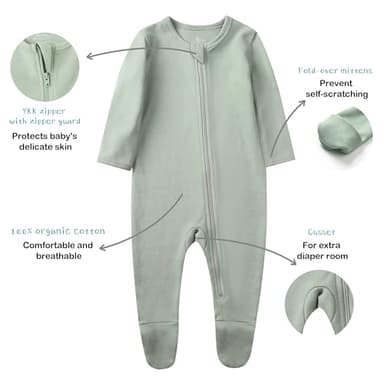 O2 BABY Baby Boys Girls Organic Cotton Zip Front Sleeper Pajamas, Footed Sleep 'n Play（Newborn, Sage） - Image 5