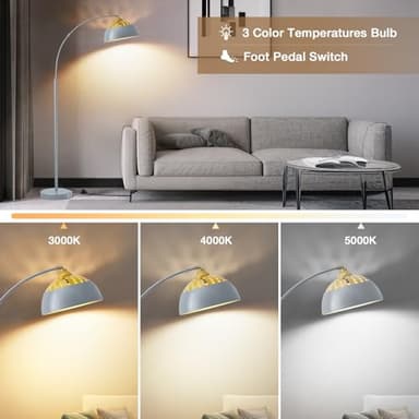 Arc Floor Lamps for Living Room, 71" Standing Lamp with Adjustable Lamp Head, Silver Metal Tall Lamps with Foot Switch, Arched Reading Light for Bedroom, Office, 9W 3 Color Temperatures Bulb Included - Image 6