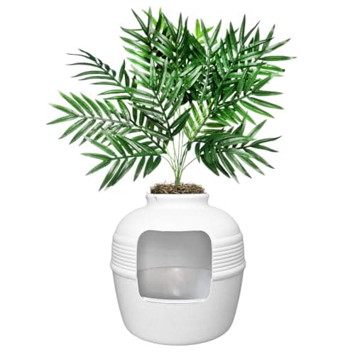 Good Pet Stuff Hidden Cat Litter Box Enclosure with Artificial Plant, Decorative Round Planter, Removable Tray, Charcoal Filter Odor Control, Easy-to-Clean, Made in USA, Essentials Kit, White - Image 1