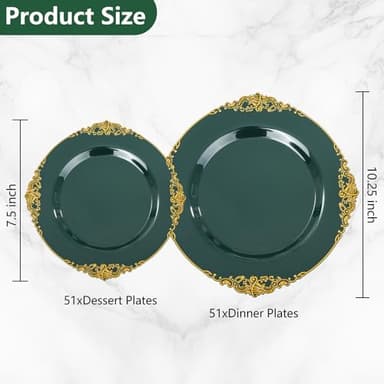 Joyido 102PCS Green and Gold Plates - Green Plastic Plate - Fancy Heavy Duty Disposable Plates - Heavyweight Disposable Dinner & Dessert Plate for 51 Guests for Party & Wedding - Image 6