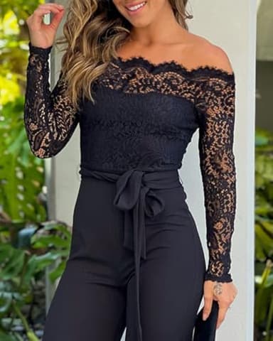 Women Off Shoulder Long Sleeve Black Jumpsuit Floral Embroidery Lace Overalls Casual Wide Leg Rompers with Belt Black-L - Image 3