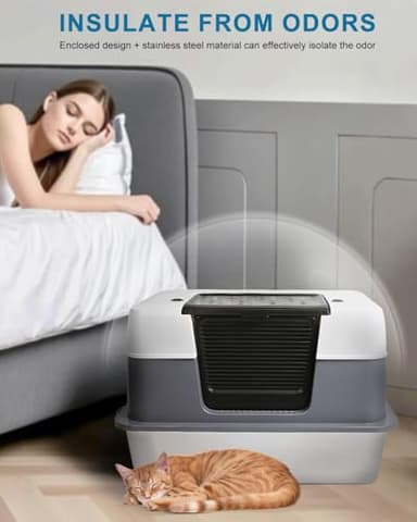 Scirove Stainless Steel Enclosed Cat Litter Box with Lid，Covered Metal Kitty Litter Box with Litter Mat and Odor Reduction Pack(2kg), Metal Scoop，Switchable Design, Easy Clean，Odor-Proof, Leak-Proof - Image 6