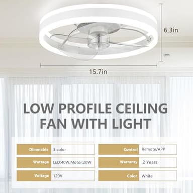 SAMPHON Low Profile Ceiling Fans with Lights and Remote, 15.7'' Led Flush Mount Ceiling Fan, Stepless Dimmable Bladeless Small Ceiling Fans with Lights for Bedroom, Living Room and Kitchen - White - Image 2