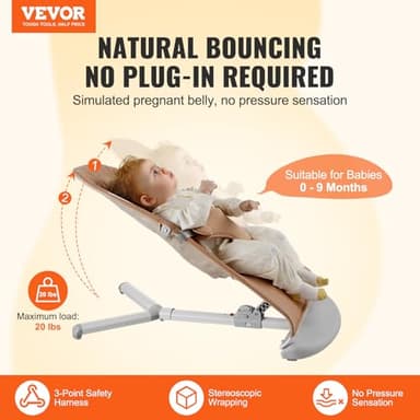 VEVOR Baby Bouncer, Folding Bouncer Seat for Babies 0-9 Months, Newborn Bouncer Chair with 2 Reclining Angles & 3-Point Harness, Portable Infant Rocker with Carrying Bag for Indoors Outdoors, Camel - Image 2