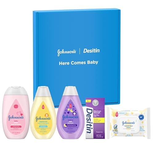 Johnson's Baby Here Comes Baby Gift Set, Baby Essentials for New Parents with Moisturizing Lotion, Bedtime Bath, Body Wash & Shampoo, Hand & Face Wipes, & Diaper Rash Cream, 5 Items - Image 1