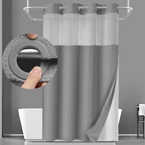 YellyHommy Stall No Hook Shower Curtain with Snap in Fabric Liner Set Less Time Grey Waffle Shower Curtain for Bathroom 75" L x 60" W - Image 1