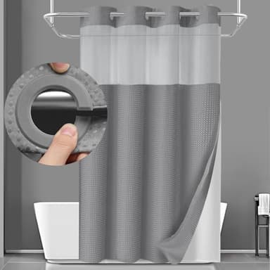 YellyHommy Stall No Hook Shower Curtain with Snap in Fabric Liner Set Less Time Grey Waffle Shower Curtain for Bathroom 75" L x 60" W - Image 1