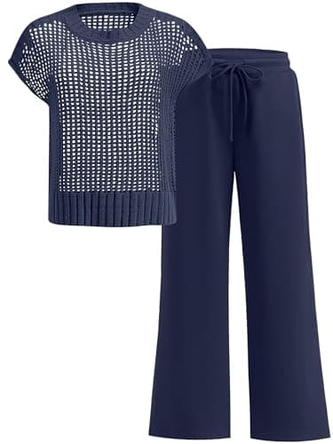 ANRABESS Women Two Piece Outfits Crochet Sheer Knit Sweater Top Wide Leg Pants Lounge Matching Sets Sweatsuit Travel Clothes Navy Blue Medium - Image 1